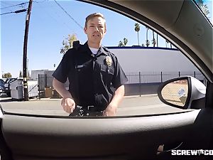 CAUGHT! dark-hued dame gets squirted fellating off a cop