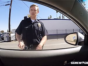 CAUGHT! dark-hued dame gets squirted fellating off a cop